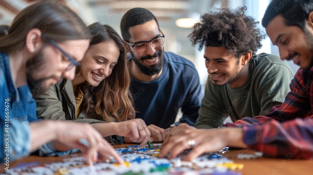 Fototapeta premium Teenager with casual cloth playing jigsaw at wooden table with jigsaw scattering around. Group of attractive people working together to solve puzzle together. Solution, teamwork, unity concept. AIG53.