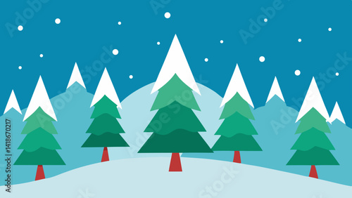 Christmas Snowy Forest Background with Winter Pines and Snow
