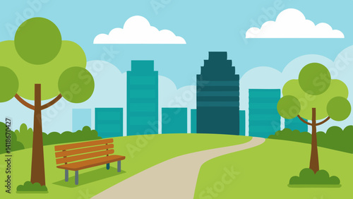 City Park with Walking Path and Benches in Summer Day
