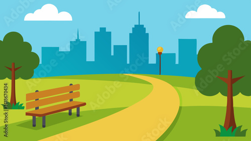 City Park with Walking Path and Benches in Winter Scene