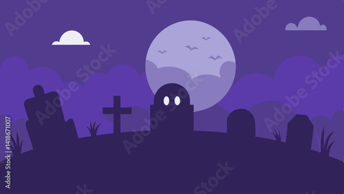 Simple Flat Graveyard Background with Halloween Spooky Style