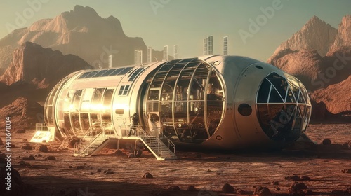 Fototapeta Naklejka Na Ścianę i Meble -  A futuristic space habitat on a desolate planet offers humanity's off-world living