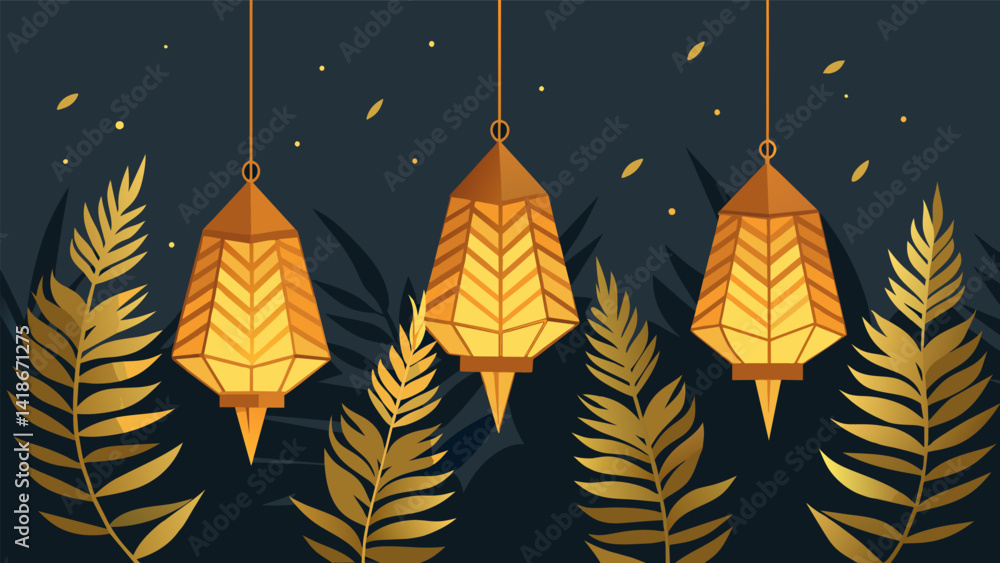 A series of delicate paper lanterns made from pressed and dried fern fronds lit up with the soft glow of tealight candles creating a magical ambience.. Vector illustration