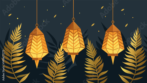 Obraz na płótnie A series of delicate paper lanterns made from pressed and dried fern fronds lit up with the soft glow of tealight candles creating a magical ambience.. Vector illustration w salonie