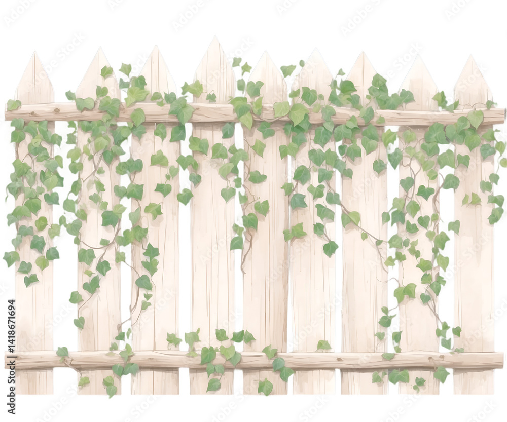 Obraz premium A Serene Illustration of a Cozy Rustic Wooden Fence Adorned with Lush Green Vines, Evoking a Sense of Tranquility and Natural Beauty in a Charming Garden Setting