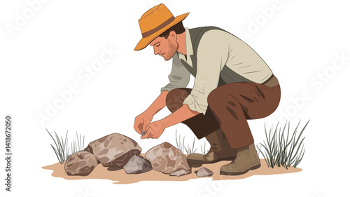 A vector illustration depicts a man in a light brown vest, light-colored shirt, brown pants, and a yellow-tan hat crouching down to examine several grey and brown rocks on light brown sandy earth.