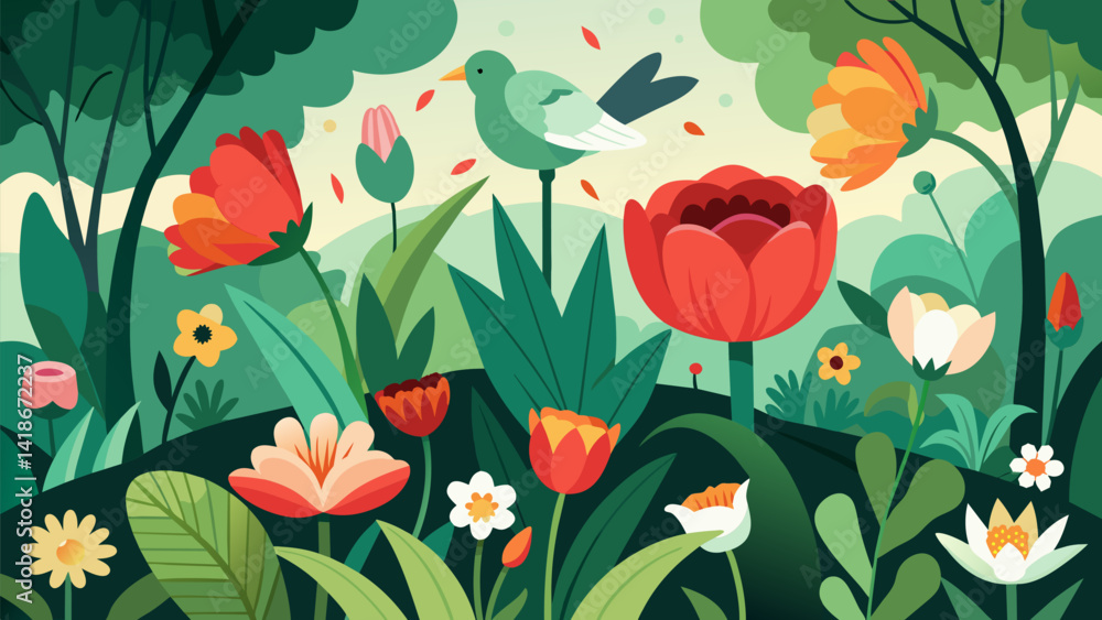 A secret garden beckons with its vibrant array of flora from vivid tulips and wild daisies to elegant lilies and peonies. The sound of rustling leaves. Vector illustration