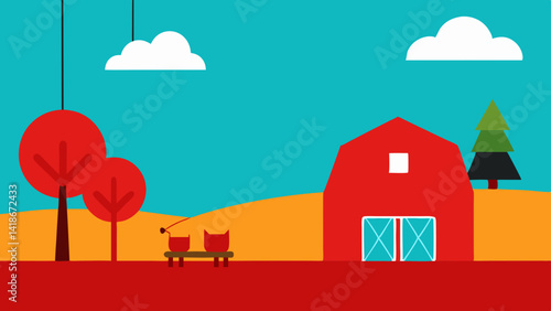 Distant Red Barn with Cows in Field and Swing Set Background