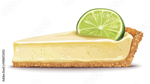 A high-resolution close-up shot showcases a single slice of key lime pie against a stark white background. The pie features a smooth, pale yellow filling
