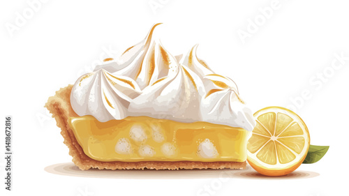 A digitally rendered close-up shot of a slice of lemon meringue pie against a pure white background. The image showcases a visually appealing contrast between the vibrant yellow lemon curd filling