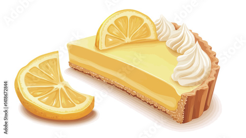 Close-up studio shot of a single slice of lemon tart against a bright white background.  The tart features a vibrant yellow lemon curd filling, a buttery shortcrust pastry base