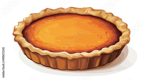 A high-angle, close-up shot depicts a single, round pumpkin pie. The pie exhibits a smooth, uniformly colored, deep orange-yellow filling within a fluted, golden-brown pastry crust