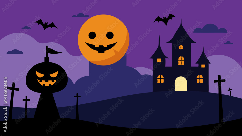 Fototapeta premium Flat Halloween Scene with Simple Vector Line Design Art