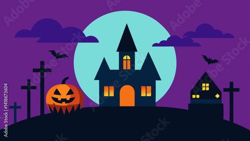Clean Line Art Halloween Scene with Flat Design Elements