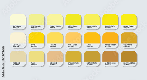 Yellow Shade Color Guide Palette with color Names. Catalog Samples Gold, Lemon, Mustard, Amber, Canary, Flax with RGB HEX codes and Names. sun, sand, fruit juice Yellow Shades pantone Color Palette