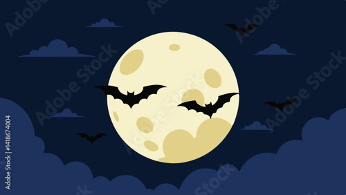 Bats and Full Moon with Creepy Clouds Halloween Background