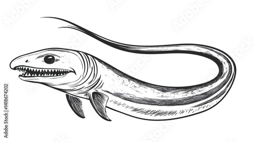 This image showcases a detailed line art illustration of *Cladoselache*, an extinct shark species. The illustration is rendered in stark black and white