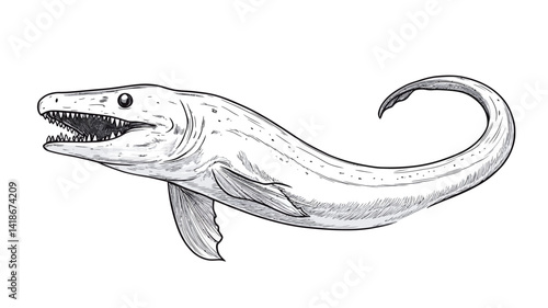 A detailed black and white line drawing depicting an Ichthyosaur, an extinct marine reptile. The illustration showcases the creature's elongated body, powerful tail