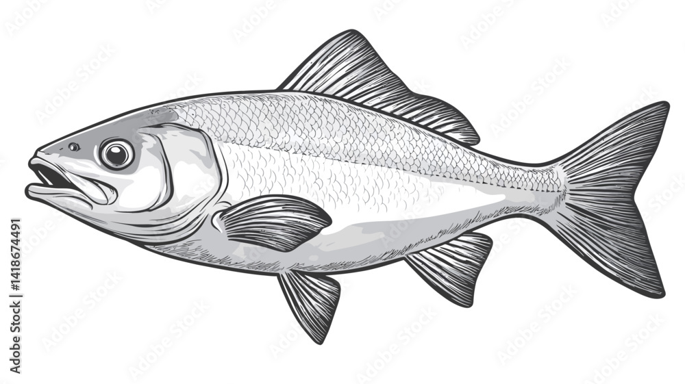 Obraz premium This image presents a detailed monochrome illustration of a fish, rendered in grayscale. The style is reminiscent of a scientific or biological illustration