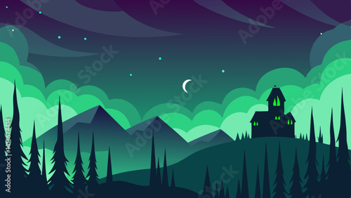 Haunted Forest Under Aurora Sky Halloween Background