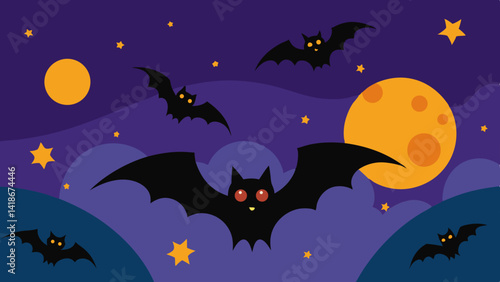 Whimsical Halloween Bats and Stars Cartoon Background