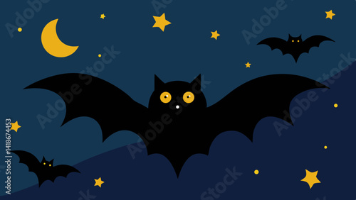 Cute Halloween Bats and Stars Night Sky Background