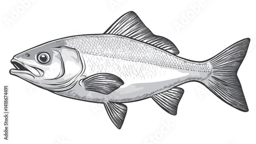 This image presents a detailed monochrome illustration of a fish, rendered in grayscale. The style is reminiscent of a scientific or biological illustration