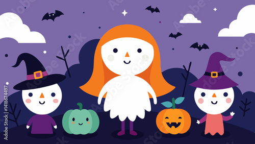 Smiling Witches and Friends Halloween Celebration Scene