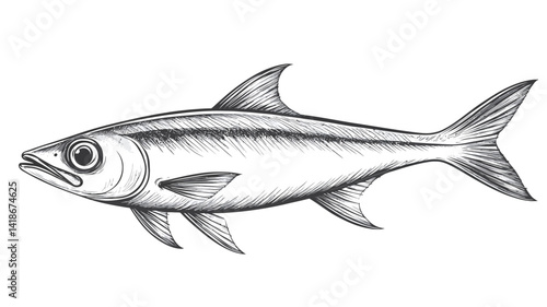 A detailed monochrome illustration of a fish, rendered in a style suggesting pencil or charcoal on paper.  The artwork showcases a side profile view, highlighting the fish's streamlined body