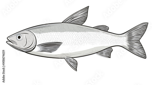 A grayscale illustration depicting a fish in profile view. The rendering style is simplistic, utilizing subtle shading to suggest form and volume without intricate detail
