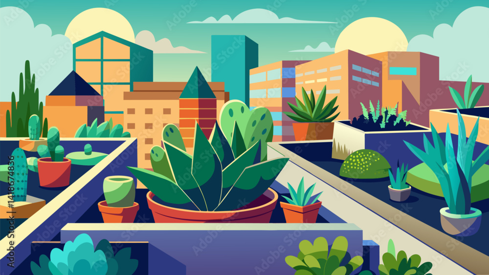 A rooftop garden of succulents and cacti displaying an unexpected yet stunning contrast of color texture and shape transforming an urban environment. Vector illustration