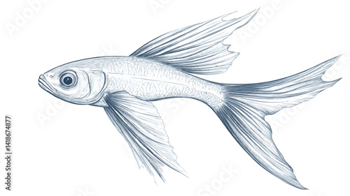 A detailed pencil sketch or illustration of a flying fish, rendered in shades of white and light blue. The artwork showcases the fish's elongated body, large pectoral fins resembling wings