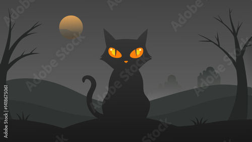 Foggy Night with Scary Halloween Cat Glowing Eyes Scene