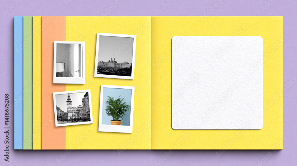 Fototapeta premium vibrant virtual scrapbook featuring colorful pages, showcasing digital photos in polaroid frames, with blank space for additional memories. cheerful design evokes nostalgia and creativity