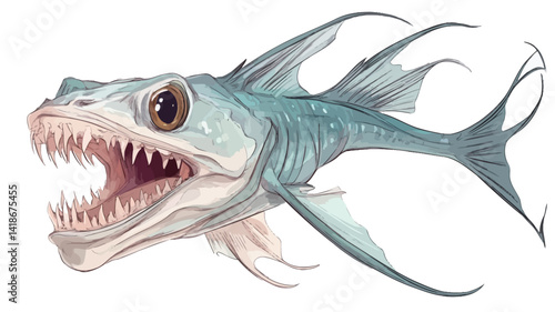 A digitally rendered illustration showcases a stylized fish, potentially a fantastical interpretation of a deep-sea species. The creature exhibits a pronounced