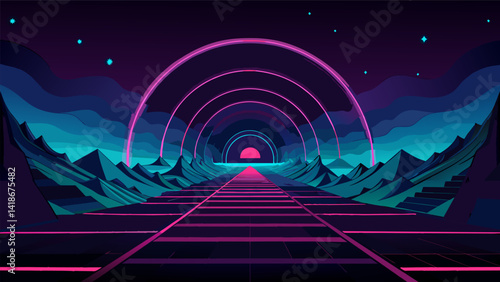 A pulsating neon light installation illuminates the dark void drawing attention to the beauty and vastness of space and the endless possibilities of. Vector illustration
