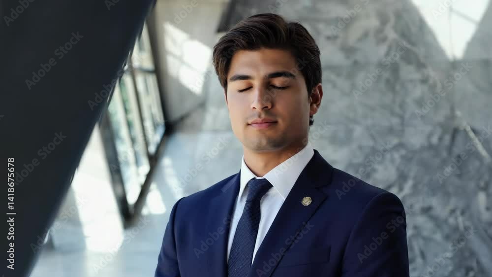 Young professional man in a suit practices mindfulness with closed eyes in a modern office setting, seeking peace and reducing stress. Young professional man in a suit practices mindfulness with closed eyes in a modern office setting, seeking peace and reducing stress.