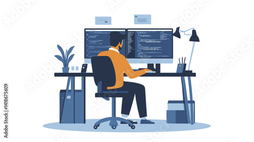 The image showcases a stylized illustration of a person seated at a desk, deeply engrossed in their work. The individual