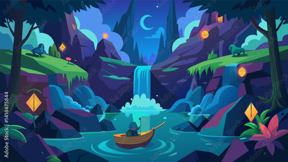 Immerse yourself in a virtual kayaking journey through a mystical forest complete with enchanting creatures and hidden waterfalls.. Vector illustration