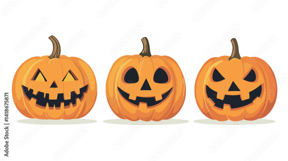 A digital illustration showcasing three intricately carved pumpkins, commonly known as jack-o'-lanterns. Each pumpkin is depicted in a vibrant orange hue A digital illustration showcasing three intricately carved pumpkins, commonly known as jack-o'-lanterns. Each pumpkin is depicted in a vibrant orange hue