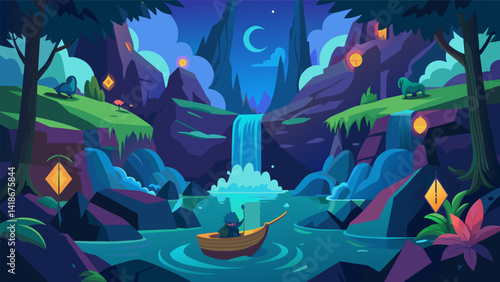 Obraz na płótnie Immerse yourself in a virtual kayaking journey through a mystical forest complete with enchanting creatures and hidden waterfalls.. Vector illustration w salonie