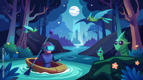 Immerse yourself in a magical fantasy world paddling through mystical creatures and enchanted forests in a VR kayaking adventure.. Vector illustration