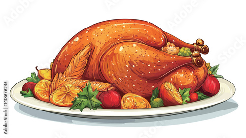 A meticulously rendered digital illustration showcases a whole roasted turkey, positioned centrally on an oblong white platter. The turkey boasts a rich, golden-brown hue