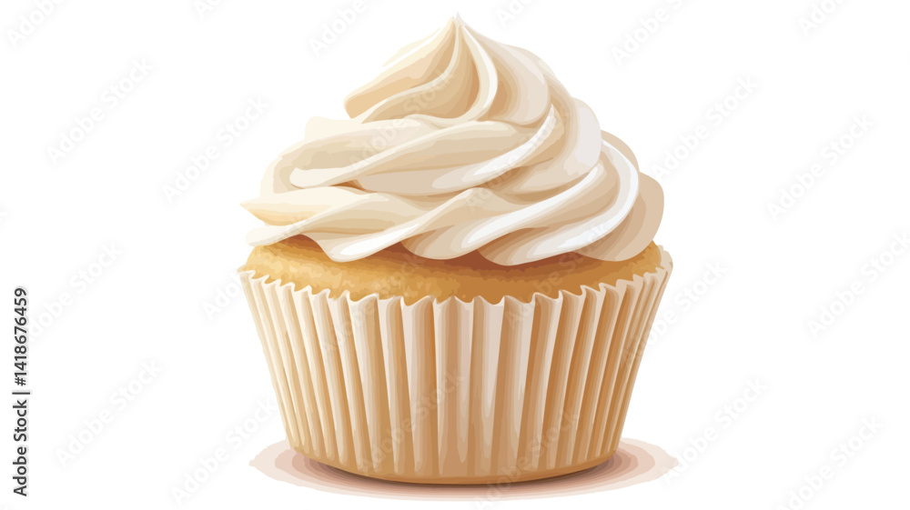 Close-up studio shot of a single vanilla cupcake. The cupcake is presented against a pure white background, enhancing the visual appeal. The cupcake liner is a pale Close-up studio shot of a single vanilla cupcake. The cupcake is presented against a pure white background, enhancing the visual appeal. The cupcake liner is a pale