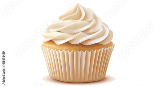 Close-up studio shot of a single vanilla cupcake. The cupcake is presented against a pure white background, enhancing the visual appeal.  The cupcake liner is a pale