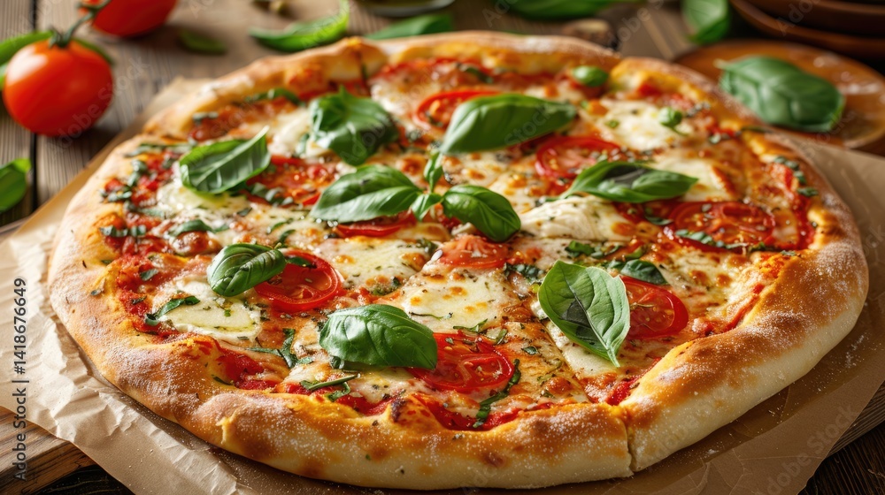 Margherita pizza with fresh basil leaves on a wooden board. Macro photo shot of pizza with cheese and basil leaves. Food photography for culinary and recipe design. Unhealthy food concept. AIG51. Margherita pizza with fresh basil leaves on a wooden board. Macro photo shot of pizza with cheese and basil leaves. Food photography for culinary and recipe design. Unhealthy food concept. AIG51.