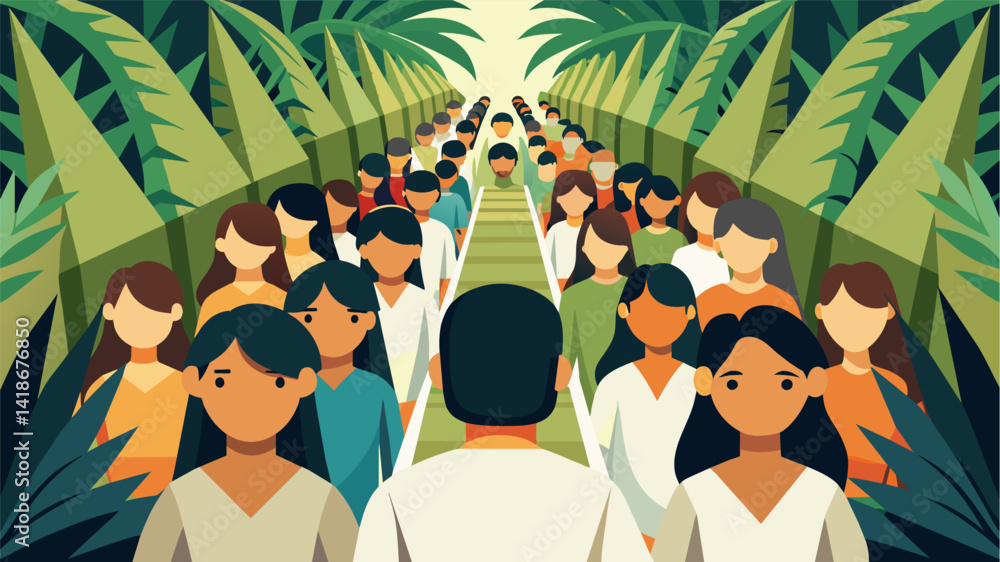 A sea of young faces framed by palm leaves as the children process down the aisle to commemorate Palm Sunday.. Vector illustration
