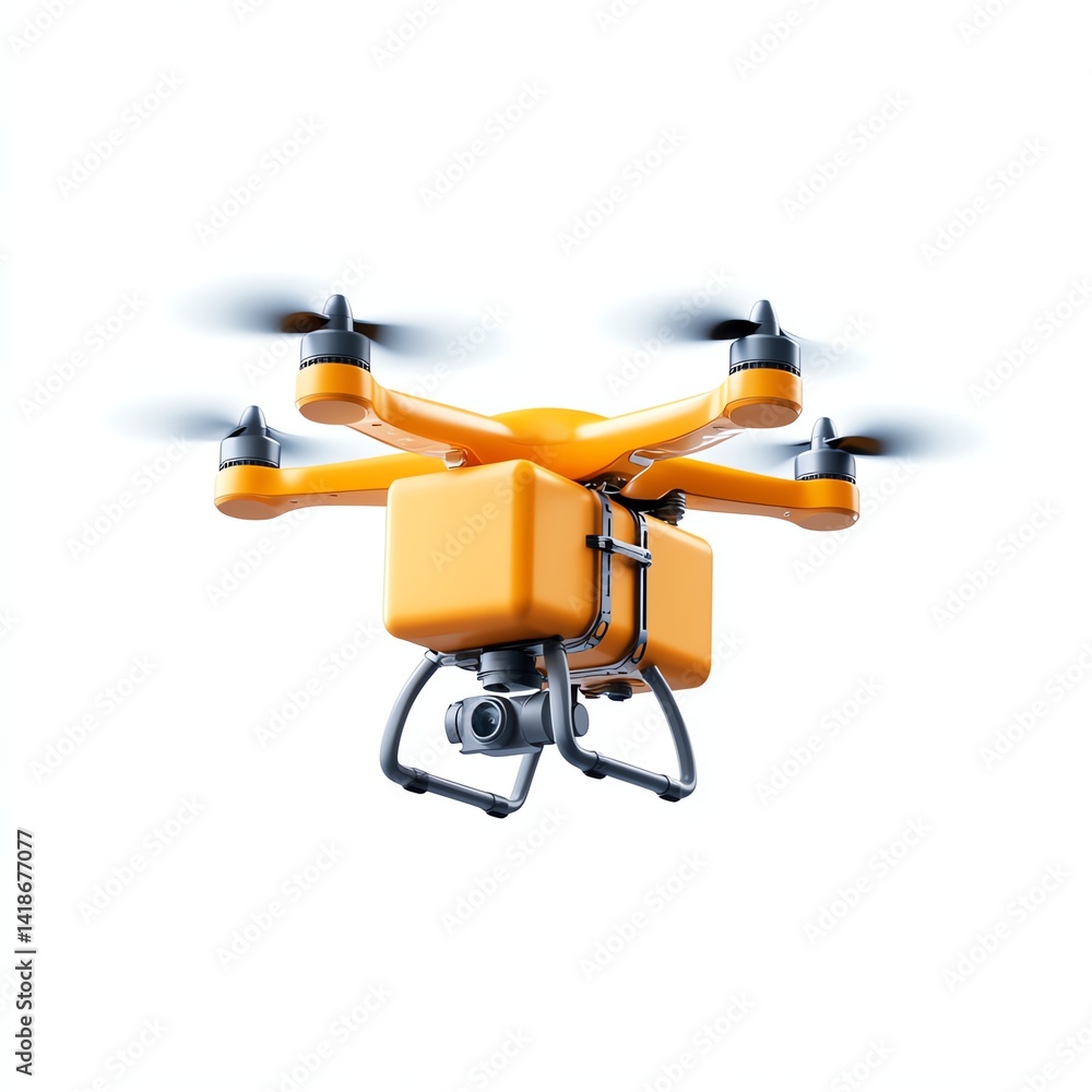 A modern drone with a yellow cargo compartment and camera attached. A modern drone with a yellow cargo compartment and camera attached.