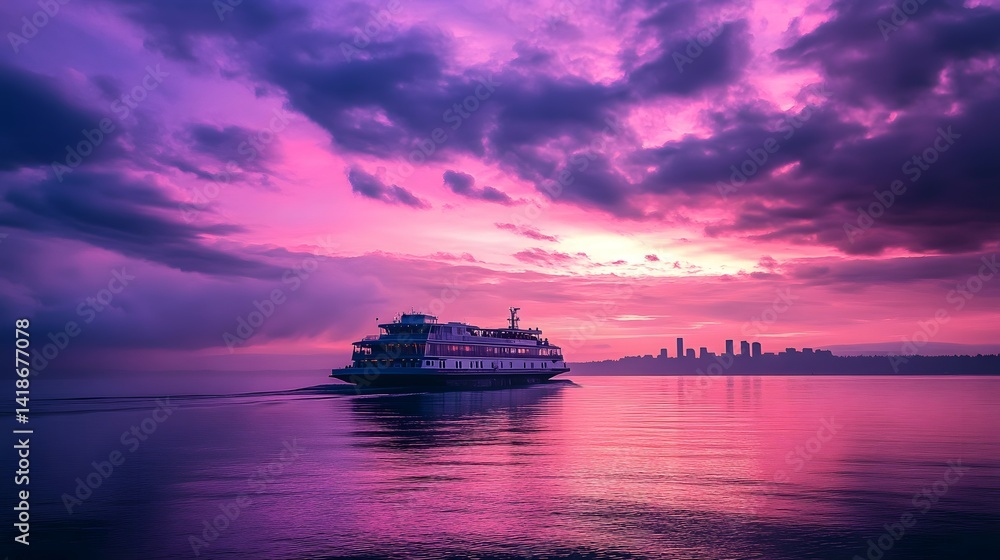 Cruise Boat in Ocean, Purple Sunset Sky with Clouds, and City Skyline Silhouette on Horizon Cruise Boat in Ocean, Purple Sunset Sky with Clouds, and City Skyline Silhouette on Horizon