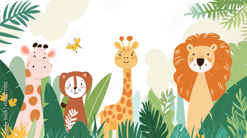 A vibrant digital illustration featuring stylized cartoon renderings of a giraffe, lion, and monkey amidst lush tropical foliage.  The color palette is bright and cheerful